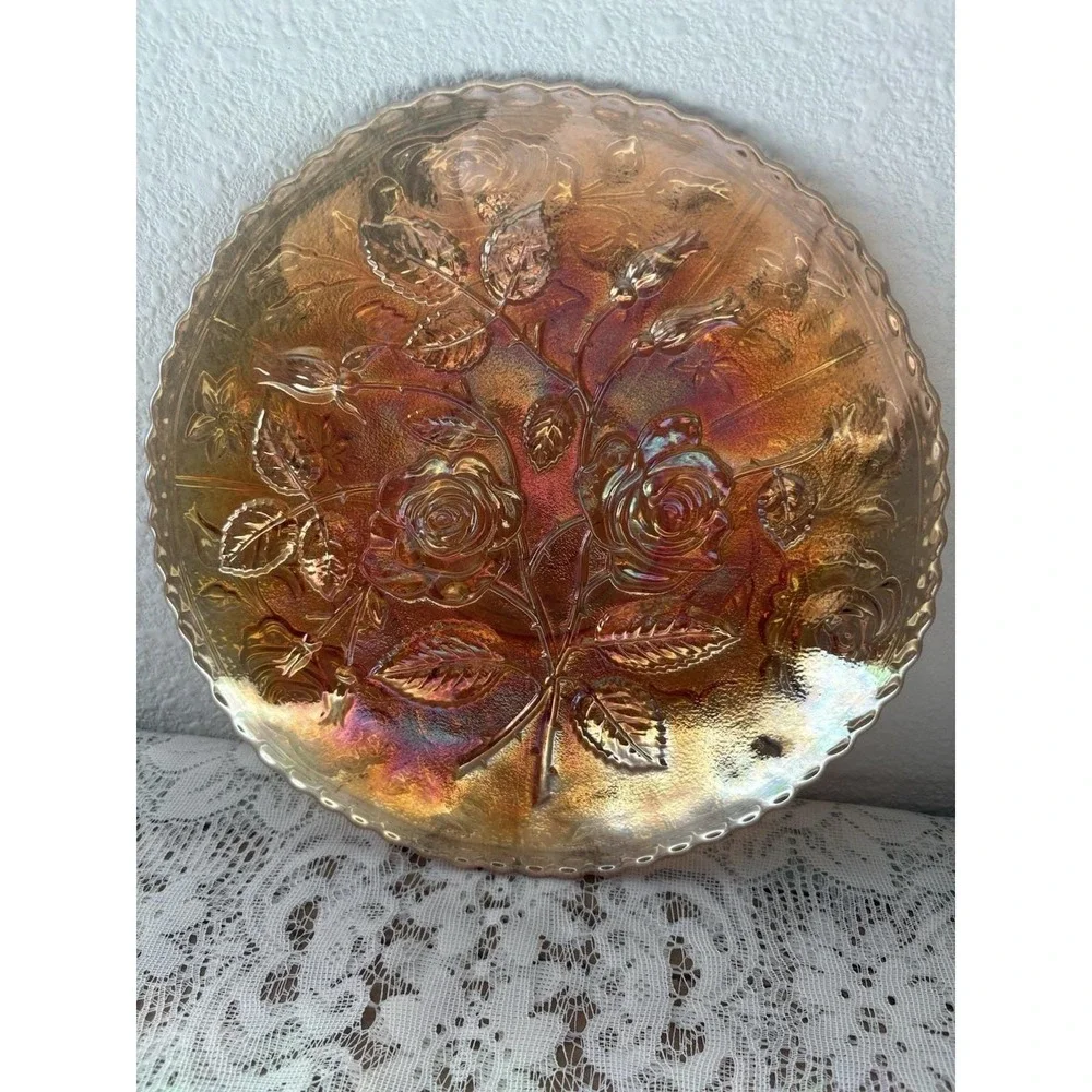 Vintage Carnival Glass Marigold Rose Bowl Iridescent Floral Serving Bowl